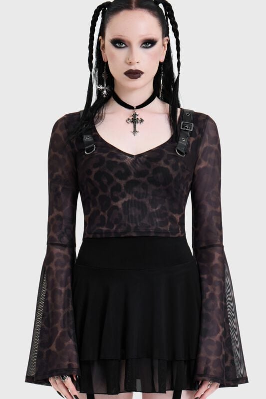 Killstar - Gothic Blus - LEOPARD FLARED SLEEVE TOP - XS 4XL - för Dam - brun