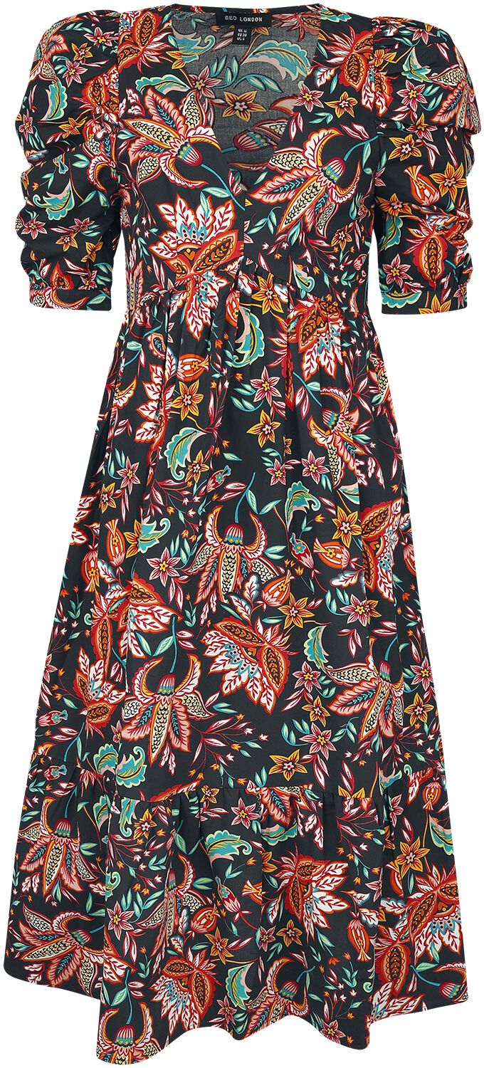 QED London - Rockabilly Kleid knielang - V-Neck Puff Sleeve Midi Dress - XS bis S - für Damen - Größe S - multicolor