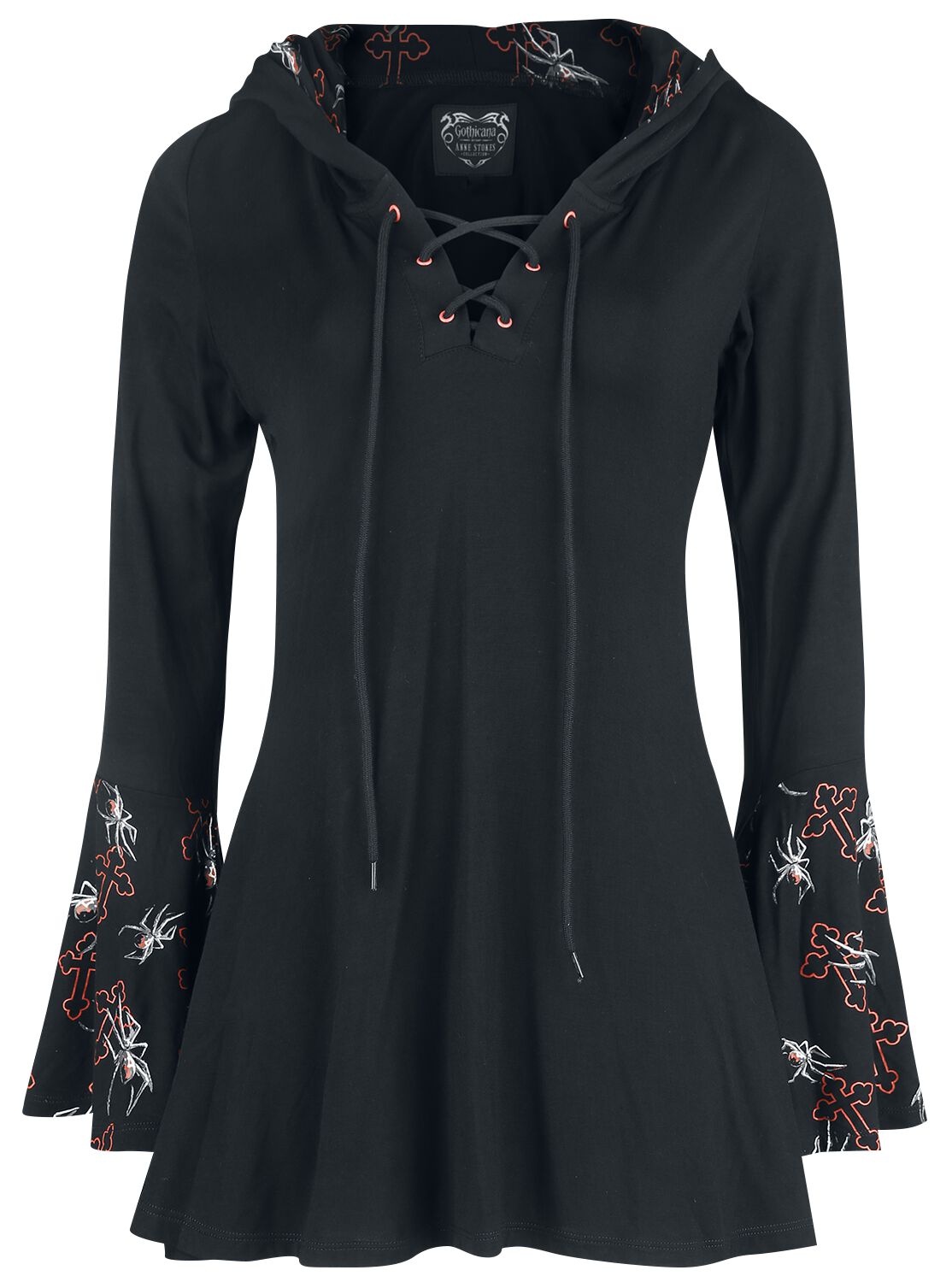 Gothicana by EMP Gothicana X Anne Stokes - Schwarzes Langarmshirt mit Schnürung, Print und großer Kapuze Langarmshirt schwarz in XL