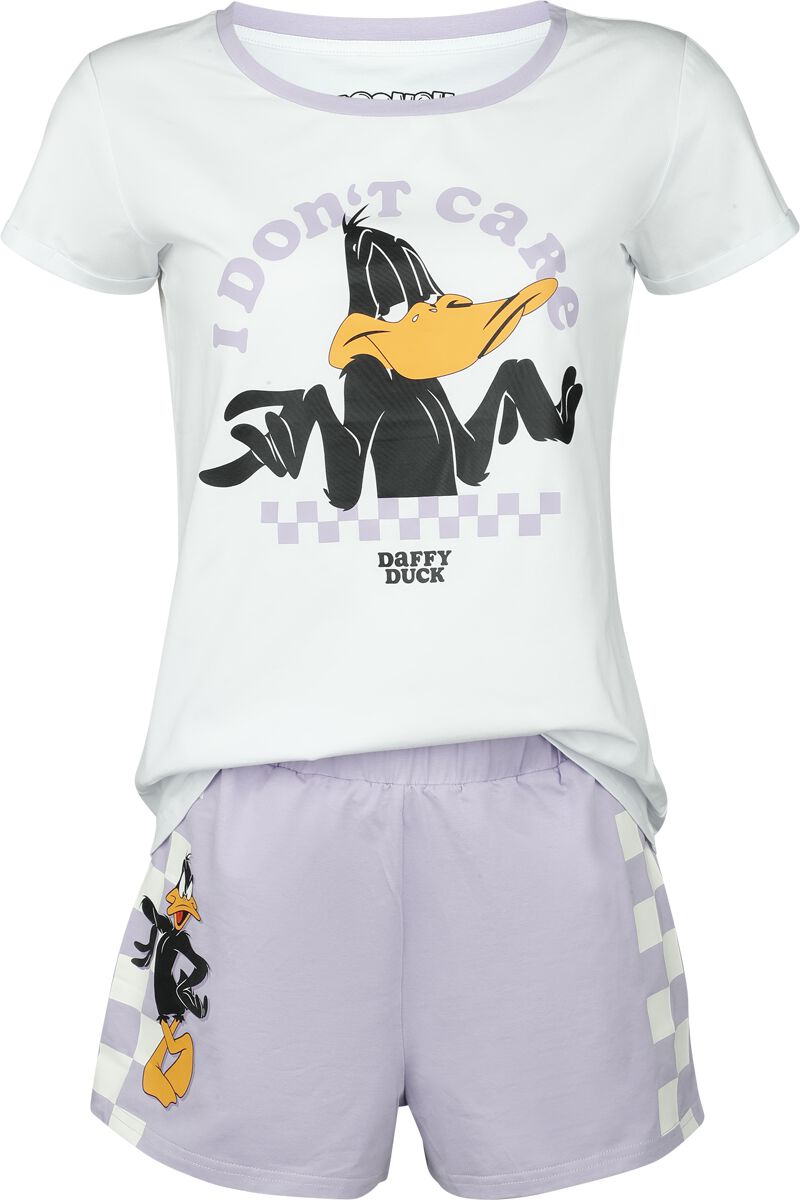 Looney Tunes Schlafanzug - Duffy Duck - I Don`t Care - S bis XXL - für Damen - Größe S - weiß/lila  - EMP exklusives Merchandise!