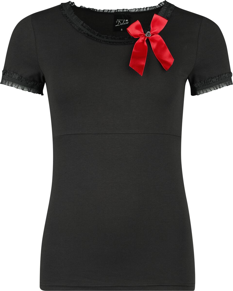 Pussy Deluxe - Rockabilly T-Shirt - Bow On Black Shirt - XS bis XXL - für Damen - Größe XL - schwarz/rot