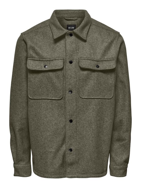 ONLY and SONS Longsleeve - ONSASH OVR WOOLEN LOOK PKT LS SHIRT NOOS - S tot XXL - voor Mannen - olijf