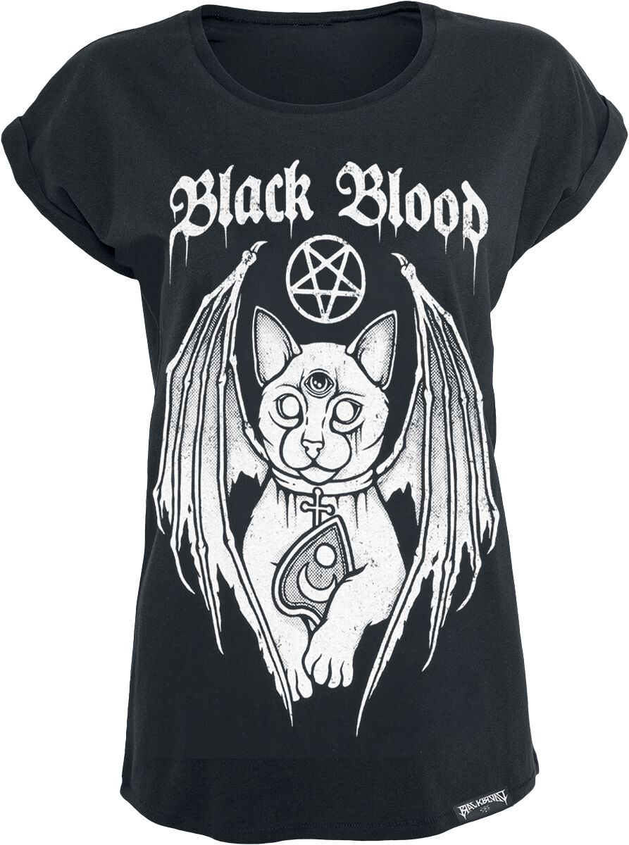 Black Blood by Gothicana - Gothic T-Shirt - T-Shirt mit Demonic Cat - XS bis 5XL - für Damen - Größe L - schwarz