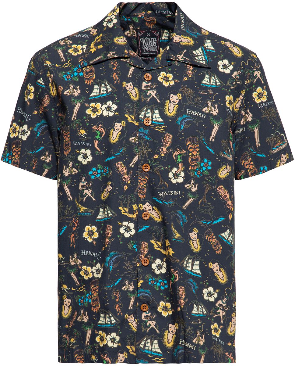 Image of Camicia Maniche Corte Rockabilly di King Kerosin - Tropical Hawaiian-style shirt deluxe - M a 4XL - Uomo - nero