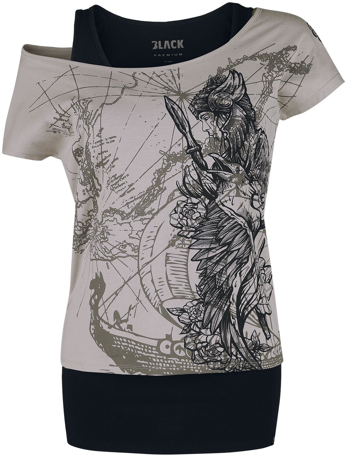 Image of T-Shirt di Black Premium by EMP - Double-Layer-T-Shirt with Detailed Front Print - S a XXL - Donna - grigio/nero