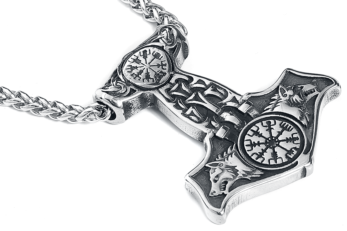 URBANTIMBER Thors Hammer mit Vegvisir Halskette silberfarben