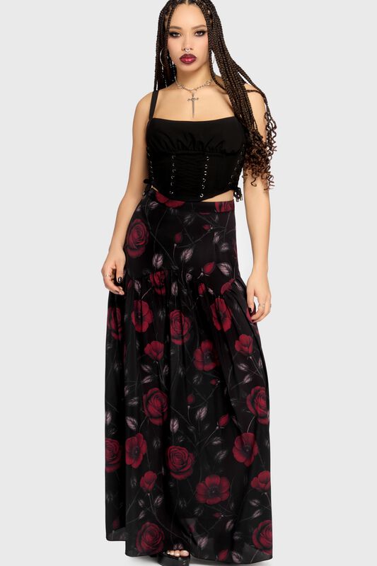 Killstar - Gothic Langer Rock - Mourning Muse - Fawnelle Skirt - S bis 3XL - für Damen - Größe XL - schwarz/rot