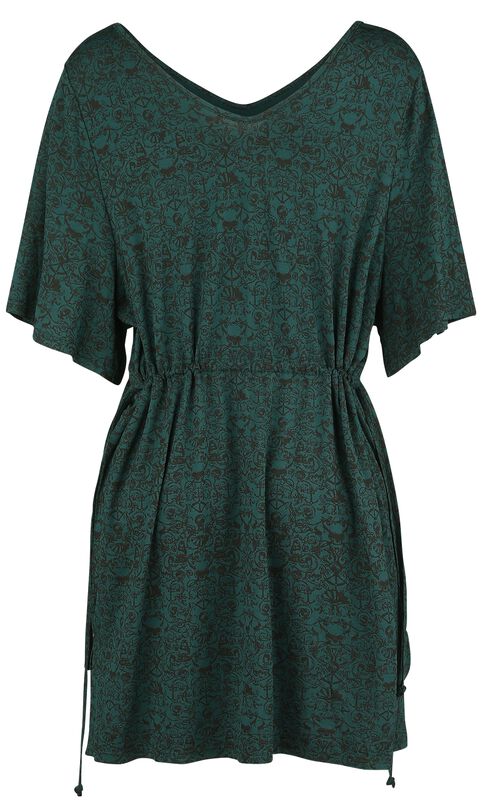 Markenkleidung Brands by EMP Dunkelgrünes Kleid mit Print, weiten Ärmeln und Raffung in der Taille | Black Premium by EMP Kurzes