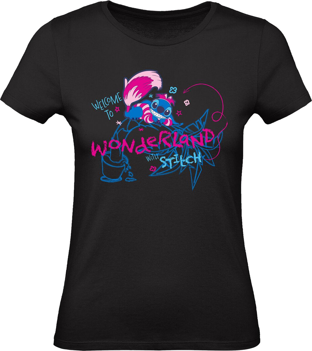 Image of T-Shirt Disney di Lilo & Stitch - Stitch - Cheshire Cat - Welcome to Wonderland with Stitch - M a XXL - Donna - nero