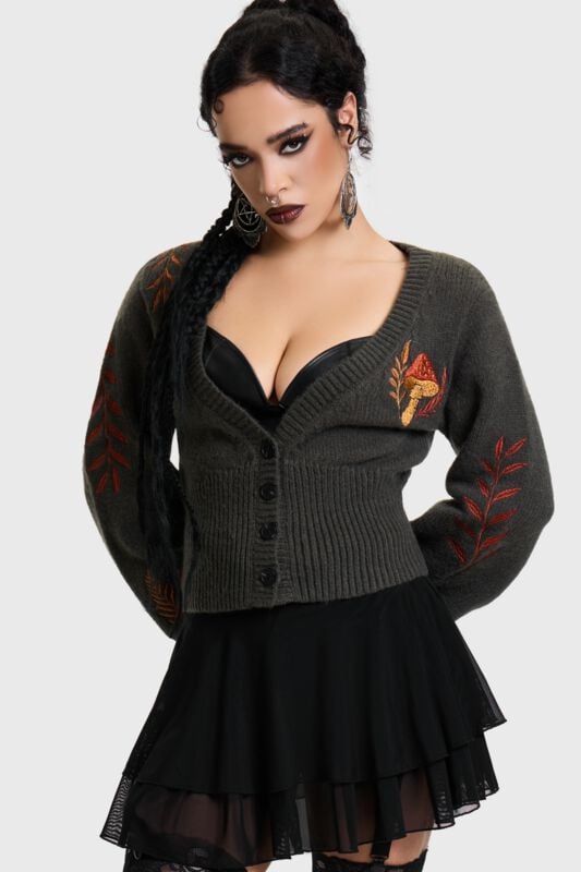 Killstar - Gothic Cardigan - Faela Cropped Knitted Cardigan - XS bis 4XL - für Damen - Größe XS - dunkelgrün