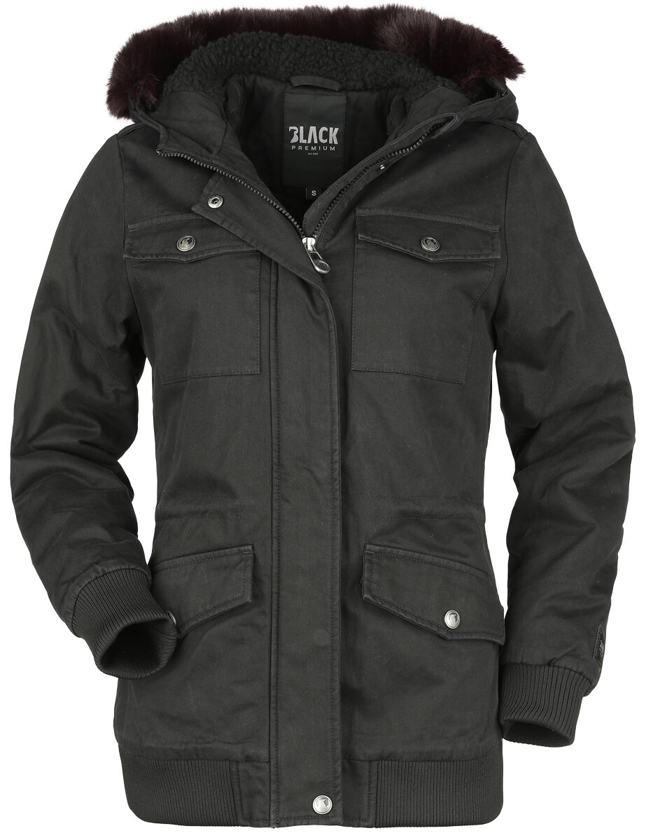 Levně Black Premium by EMP Zimní bunda s kapucí z imitace kožešiny Dámská zimní bunda cerná/šeríková