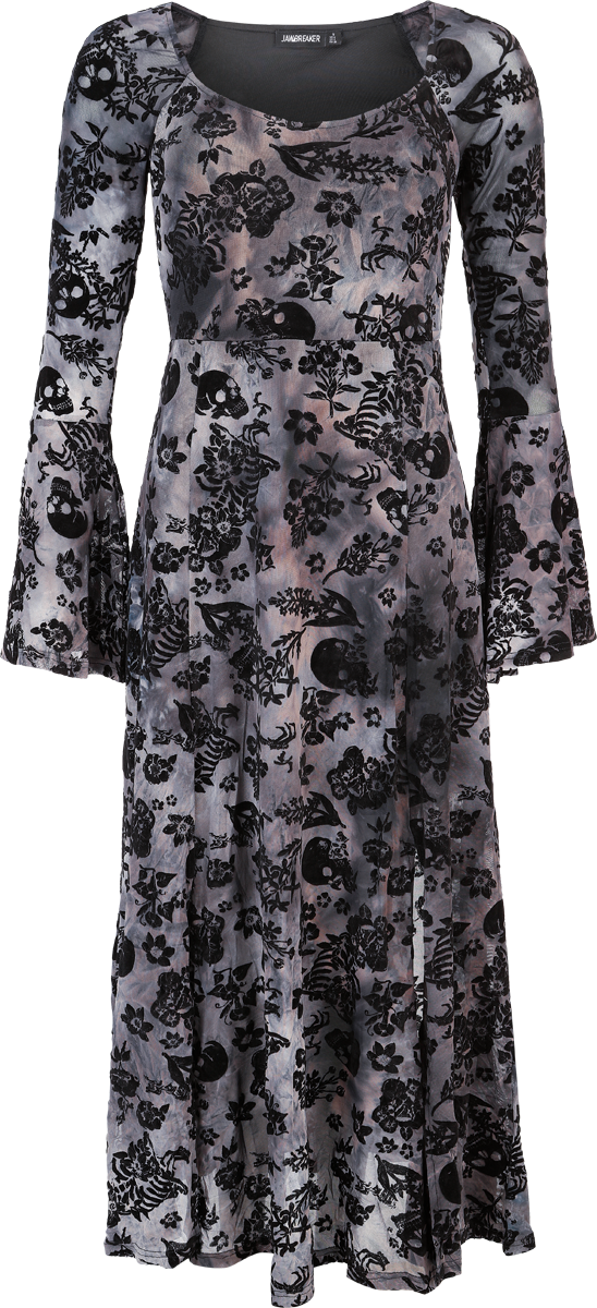 Jawbreaker Gothic Maxi Dress - Flocked Skull Maxi Dress - for Women - black-grey
