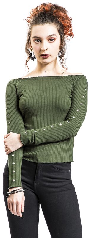 Frauen Bekleidung grünes Rippstoff Longsleeve mit Rundhalsausschnitt | Black Premium by EMP Langarmshirt