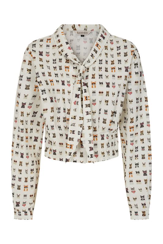 Banned Retro - Rockabilly Blus - CHERRY COOL CAT BLOUSE - M L - för Dam - flerfärgad