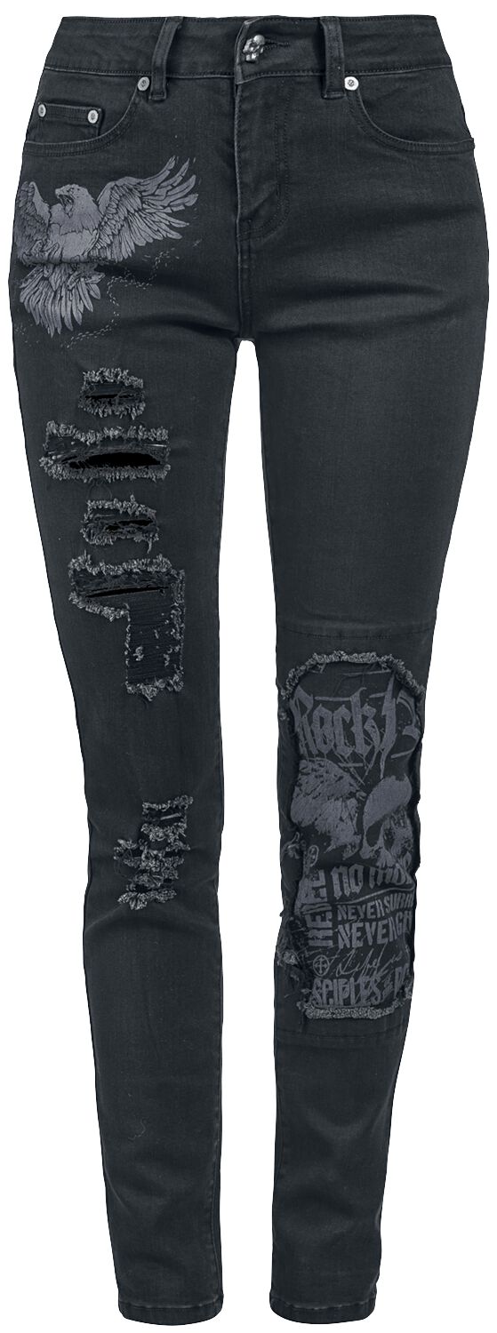 Rock Rebel by EMP - Rock Jeans - Skarlett - Jeans mit Prints und Rissen - W26L32 bis W31L34 - für Damen - Größe W29L34 - schwarz