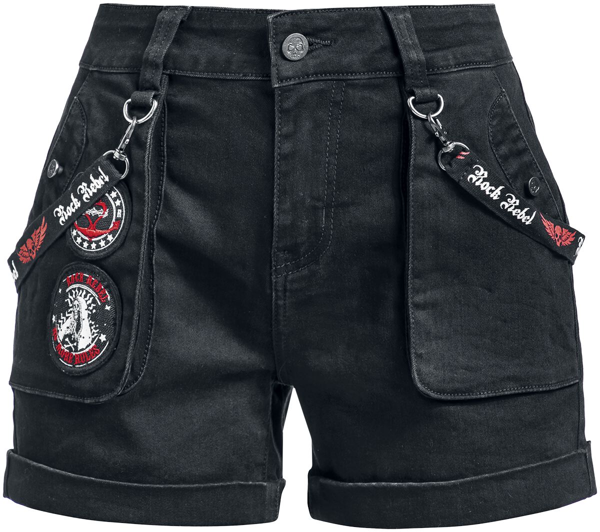 Levně Rock Rebel by EMP Pohodlné šortky s nášivkami a řemínky Dámské šortky černá