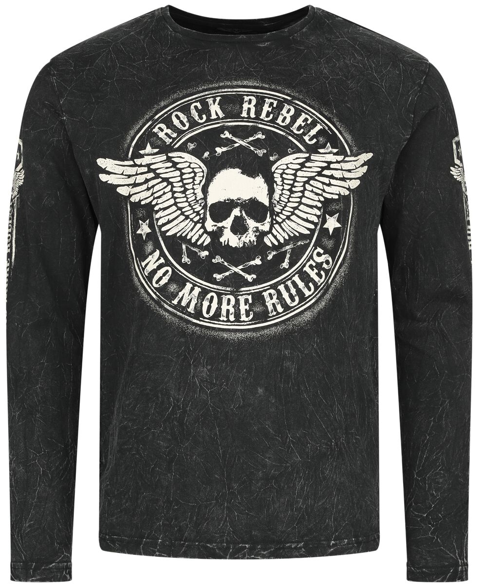 Levně Rock Rebel by EMP Černé tričko s dlouhými rukávy, potiskem a klasickým výstřihem Tričko s dlouhým rukávem černá