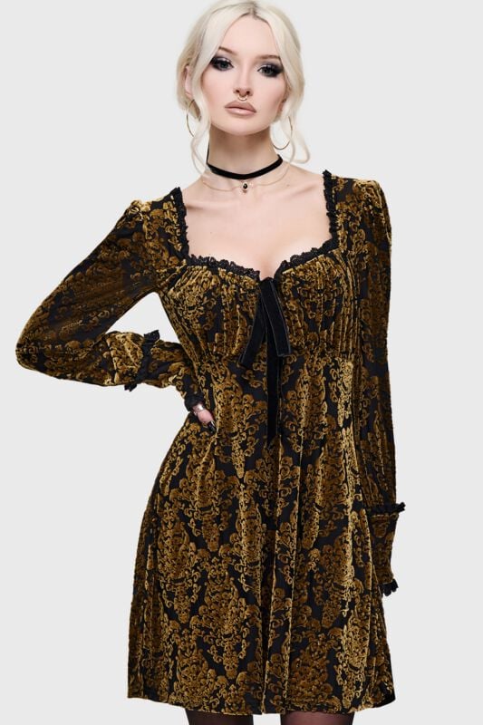 Killstar - Gothic Kort klänning - What Darkness Returns - Sitri Mini Dress - XS 4XL - för Dam - svart/guld