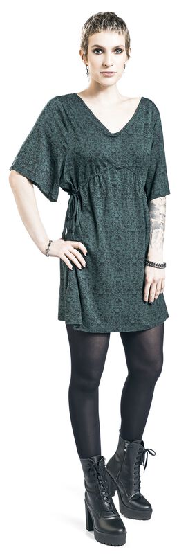 Markenkleidung Brands by EMP Dunkelgrünes Kleid mit Print, weiten Ärmeln und Raffung in der Taille | Black Premium by EMP Kurzes