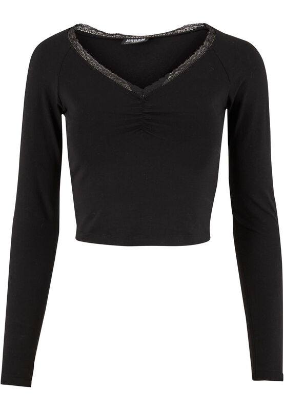 Urban Classics Langarmshirt - Ladies Short Lognsleeve Lace Shirt - XS bis XL - für Damen - Größe XS - schwarz