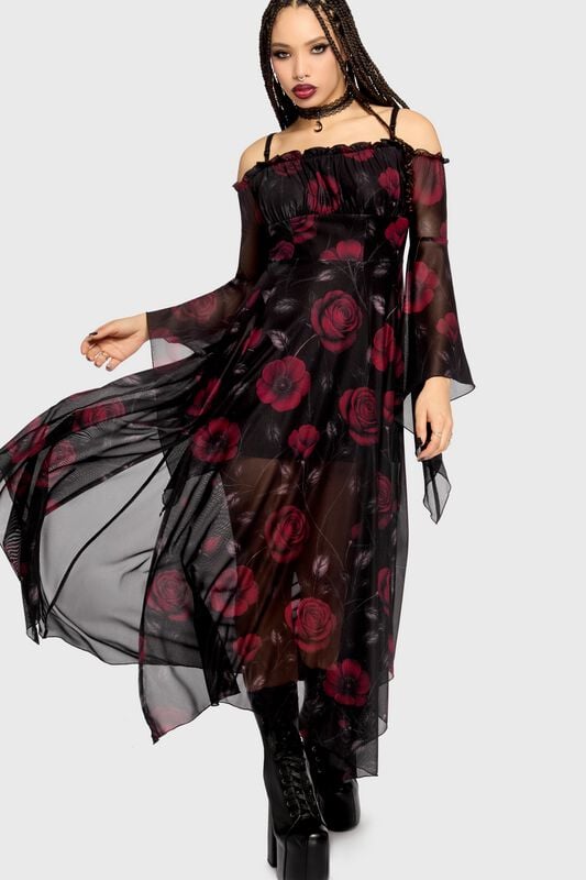 Sukienka długa Goth z Killstar - Mourning Muse - Mystic Meadow Maxi Dress - Kobiety - czarny/czerwony