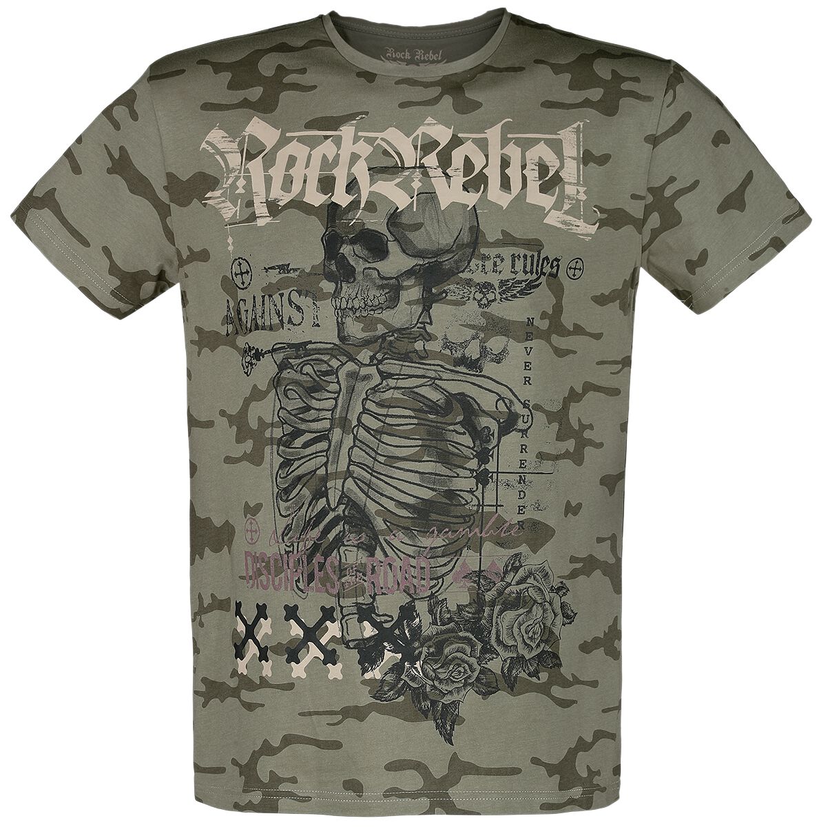 Image of T-Shirt di Rock Rebel by EMP - T-shirt with skull print & lettering - S a L - Uomo - verde oliva