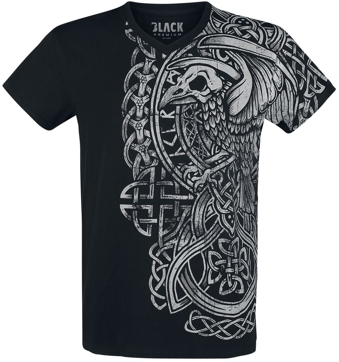 Levně Black Premium by EMP Černé tričko s potiskem a Véčkovým výstřihem Tričko černá