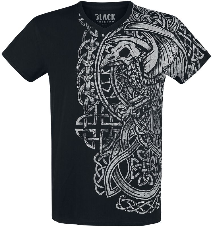 schwarzes T-Shirt mit Print und V-Ausschnitt