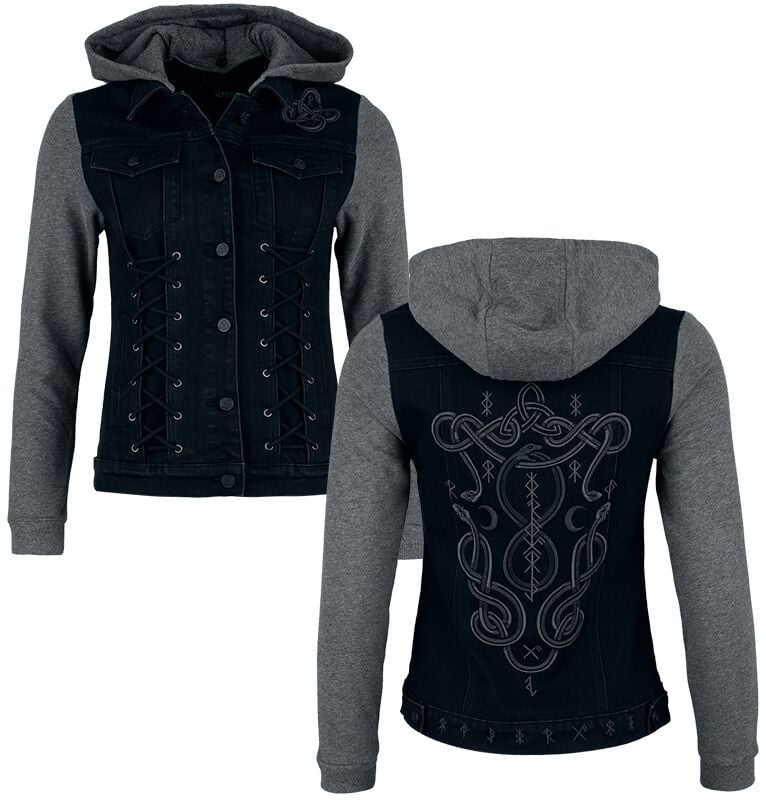 4068143318181 - Celtic Snake Denimjacke mit Sweatärmeln & -kapuze Jeansjacke schwarz in XL