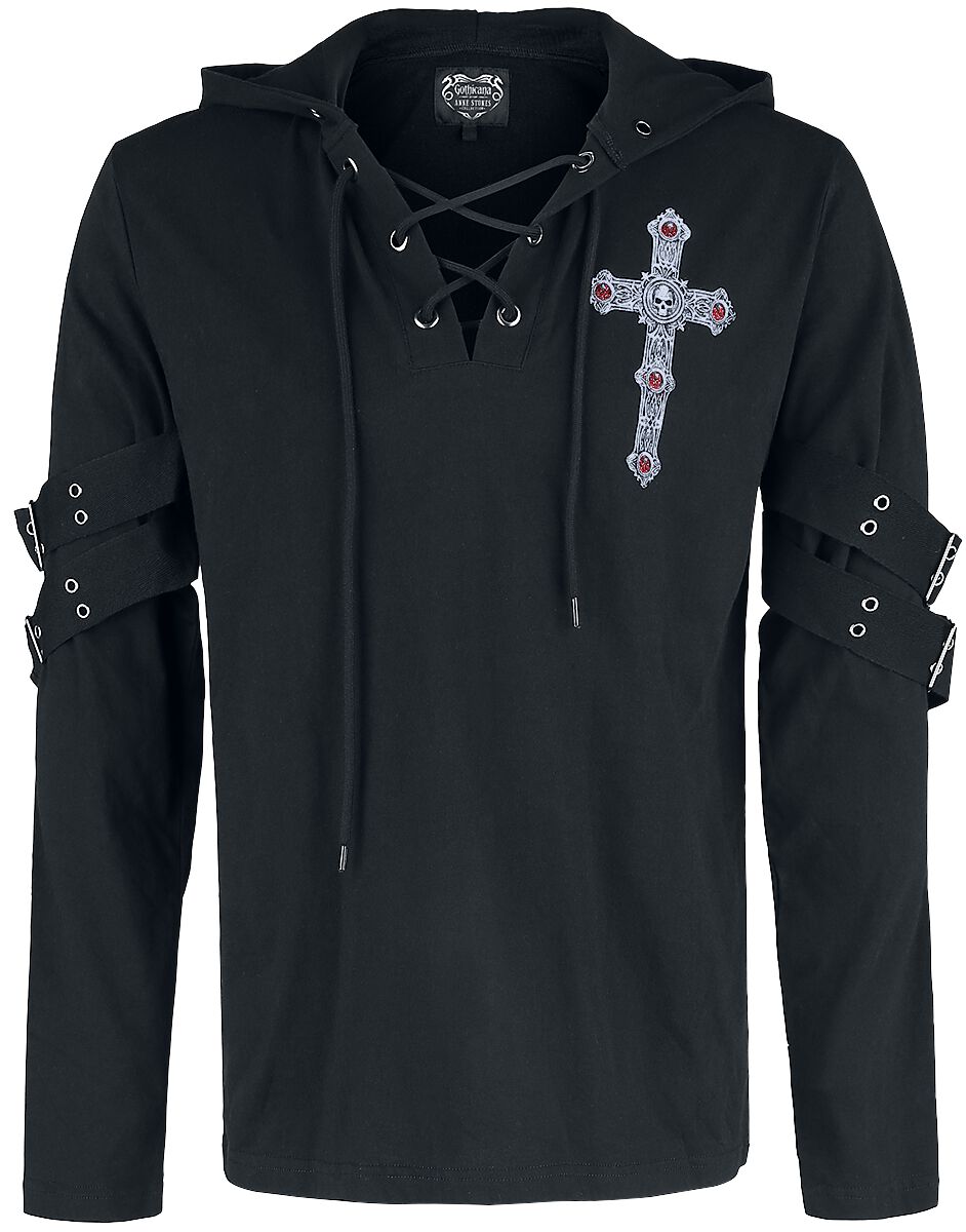 Levně Gothicana by EMP Černé tričko Gothicana X Anne Stokes s potiskem, šněrováním a dlouhými rukávy Tričko s kapucí a dlouhými rukávy černá