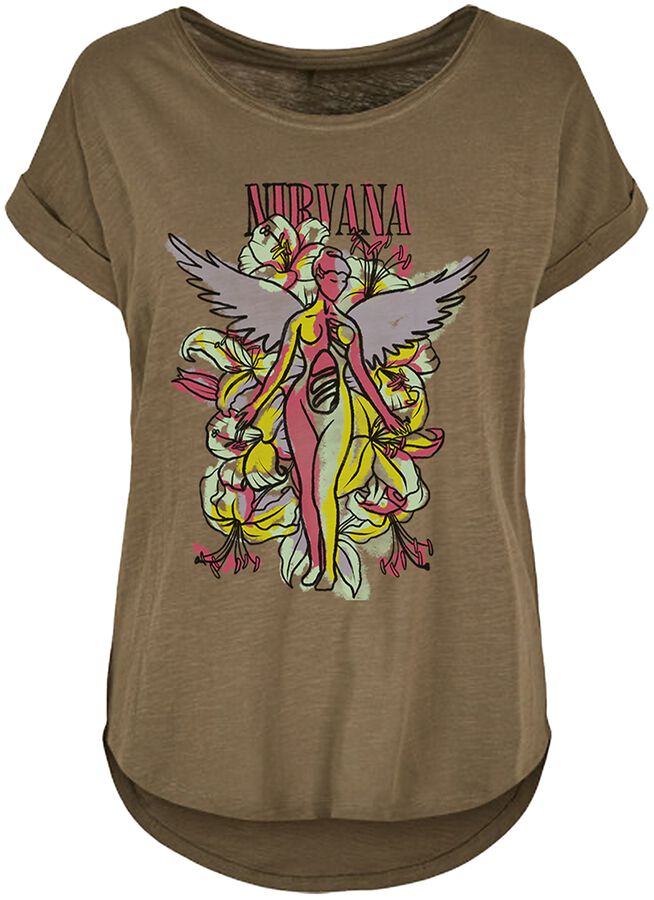 Nirvana T-Shirt - Angel Flowers - S bis M - für Damen - Größe M - oliv  - Lizenziertes Merchandise!