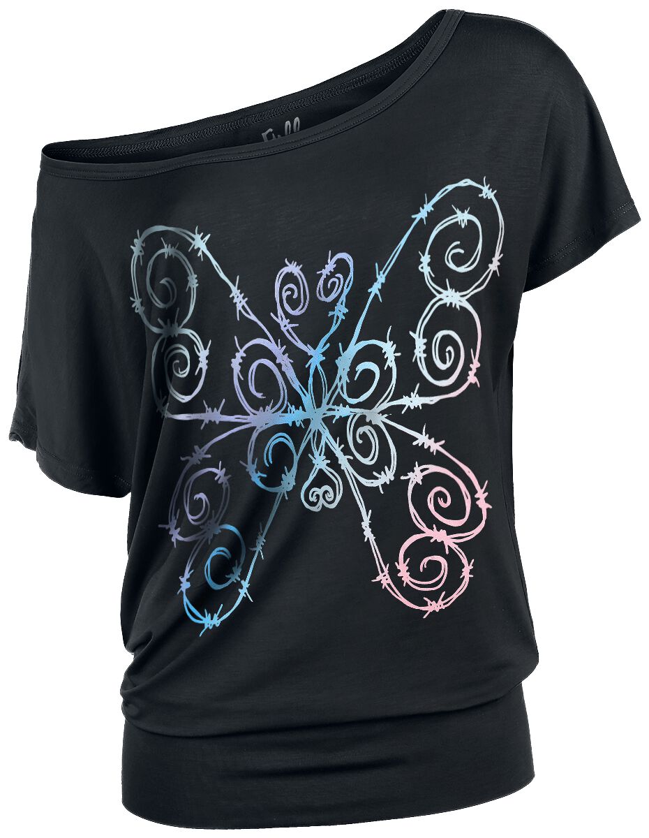Image of T-Shirt di Full Volume by EMP - T-Shirt with Colourful Barbed Wire Butterfly - XS a 5XL - Donna - nero