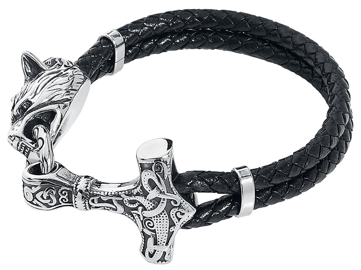 URBANTIMBER Thors Hammer mit Fenriswolf Armband schwarz silberfarben