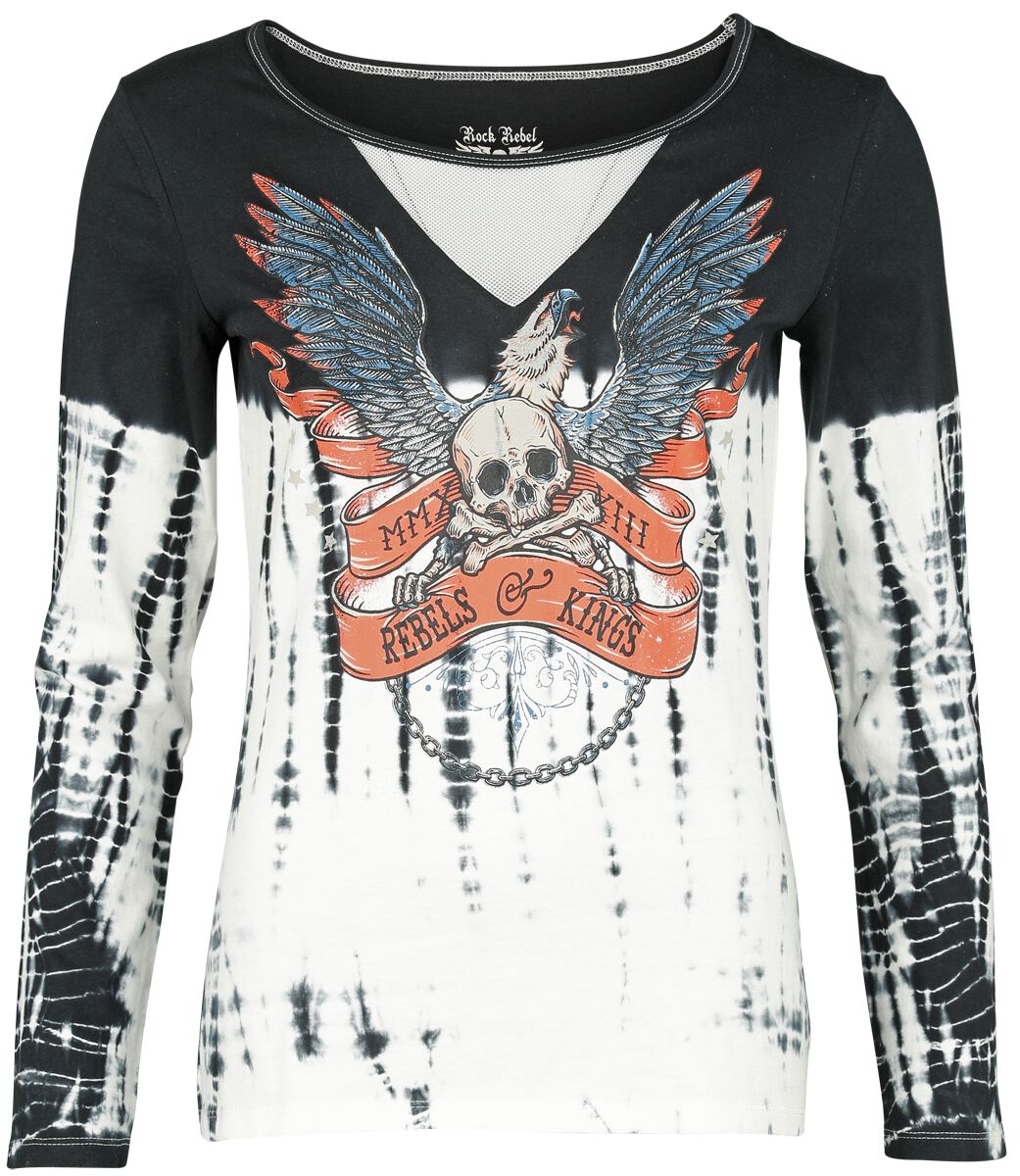Image of Maglia Maniche Lunghe di Rock Rebel by EMP - Tie-dye long-sleeved top with large front print - L a XL - Donna - nero/bianco