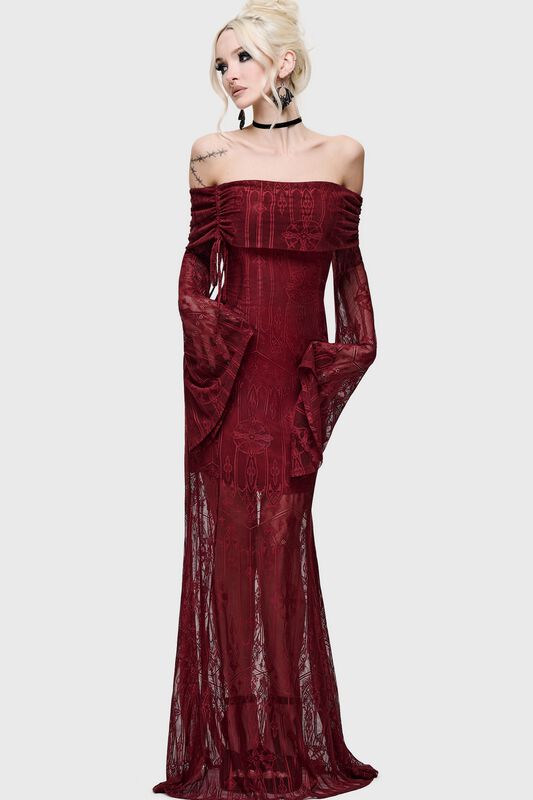 Killstar - Gothic Långklänning - Cathedral Gardens - Cathedra Maxi Dress (Red) - XS XXL - för Dam - röd