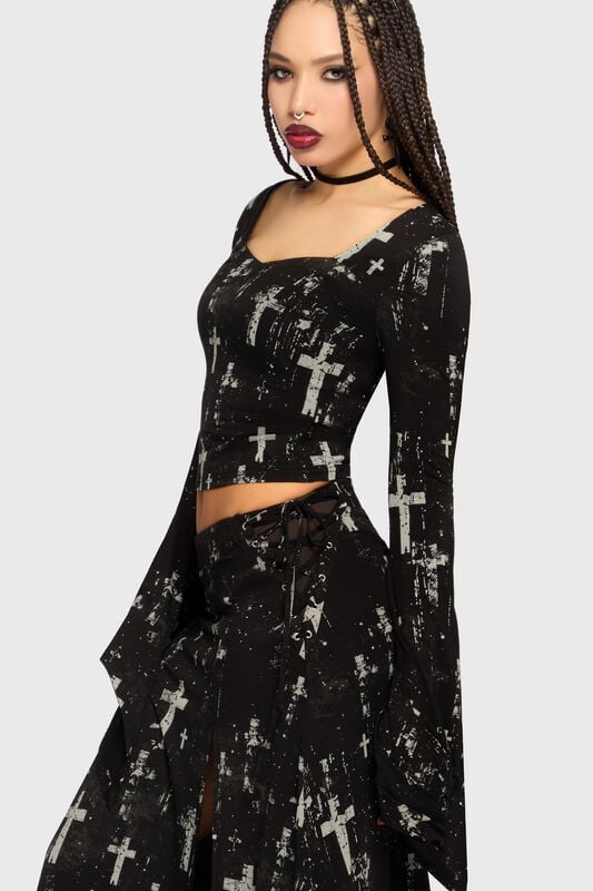 Killstar - Goth Langermet skjorte - Crux Obscura - Tenebris Chapel Topp - XS til 4XL - Damer - svart-grå