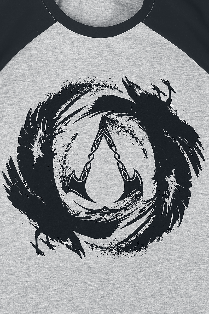 Assassin's Creed - Gaming T-Shirt - Valhalla - Logo & Rabe - S - für Männer - Größe S - grau meliert/schwarz  - EMP exklusives Merchandise!