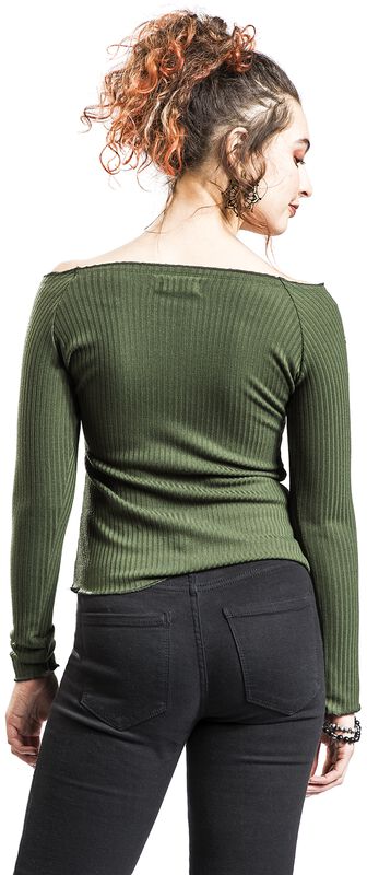 Frauen Bekleidung grünes Rippstoff Longsleeve mit Rundhalsausschnitt | Black Premium by EMP Langarmshirt