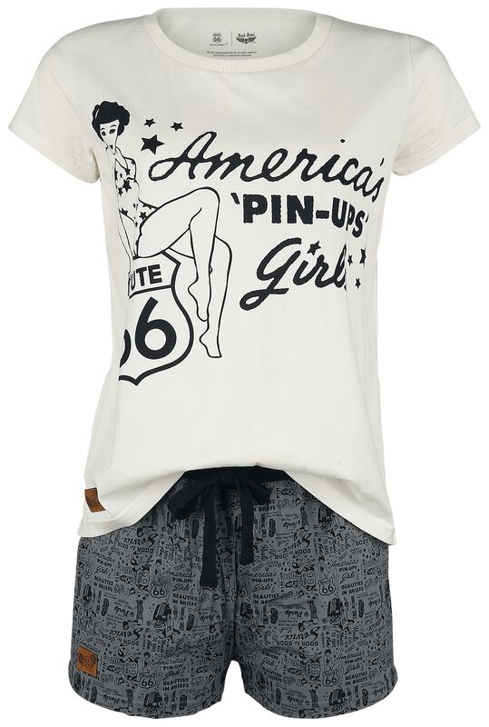 Rock Rebel X Route 66 - Weiß/grauer kurzer Pyjama mit Pin-Up Print