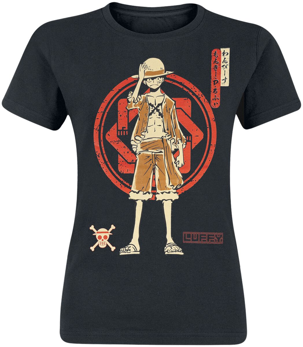 One Piece - Anime T-Shirt - Luffy Logo - S bis XXL - für Damen - Größe L - schwarz  - Lizenzierter Fanartikel