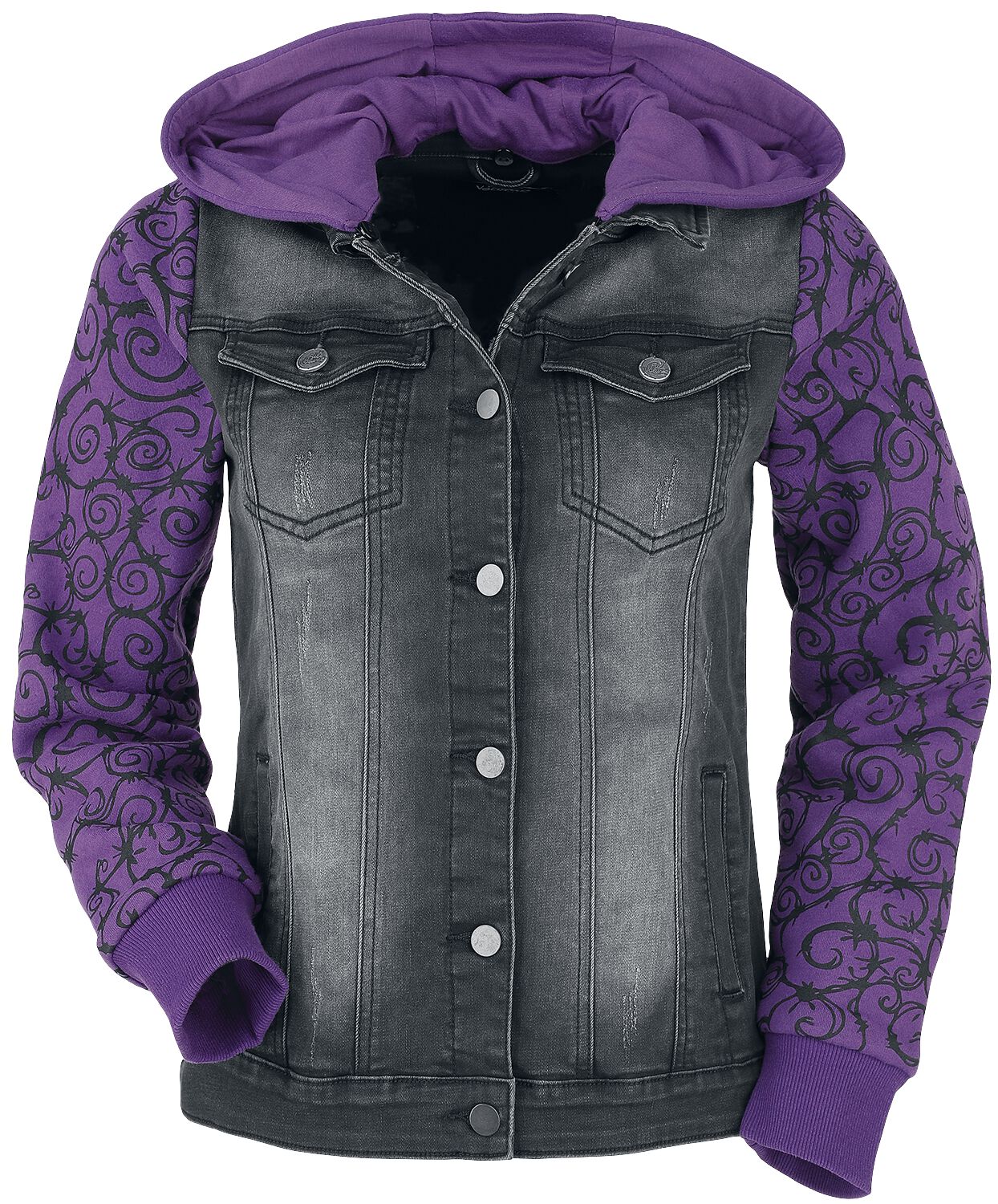 Image of Giubbetto di jeans di Full Volume by EMP - Denim Jacket with Sweat Sleeves and Hood - XS a 5XL - Donna - nero/viola