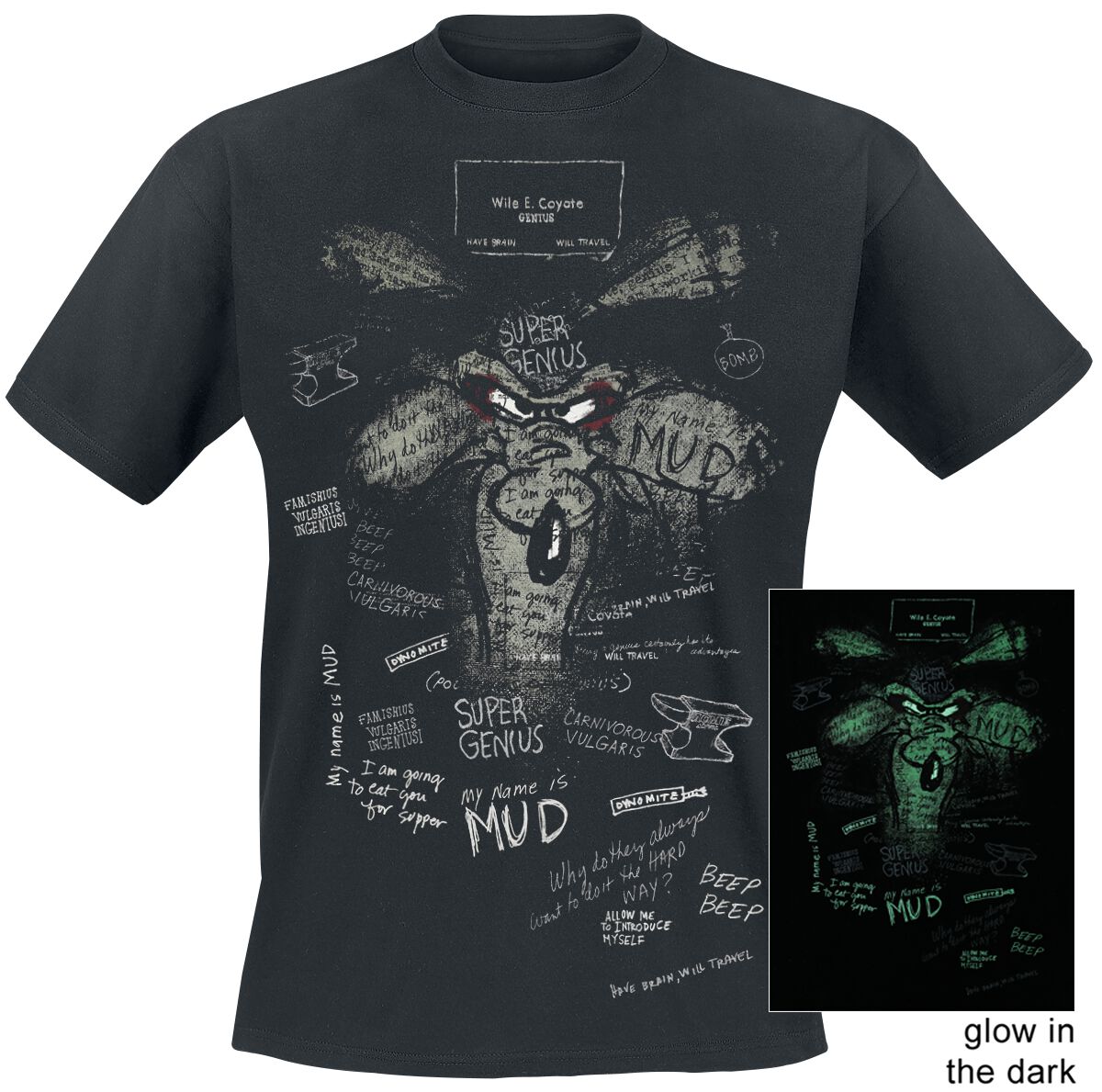 Image of T-Shirt di Looney Tunes - Wile E. Coyote - Inner Thoughts GITD - S a 4XL - Uomo - nero