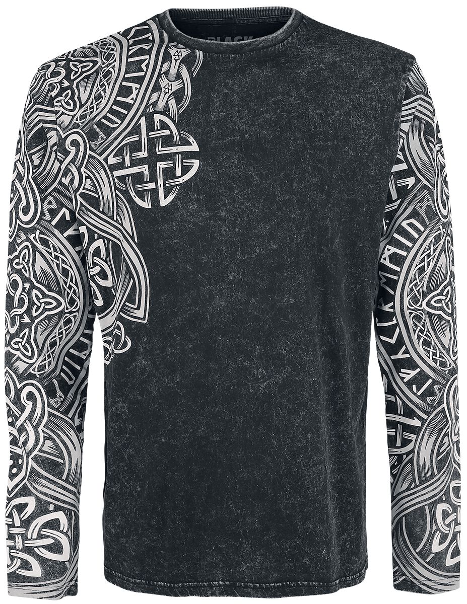 Schwarzes Langarmshirt mit Waschung und Print Langarmshirt schwarz von Black Premium by EMP