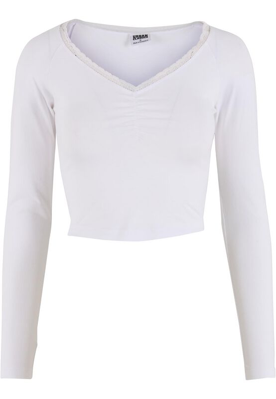 Urban Classics Langarmshirt - Ladies Short Lognsleeve Lace Shirt - XS bis XL - für Damen - Größe XS - weiß