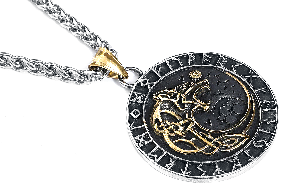 URBANTIMBER Fenriswolf im Schriftzeichenkreis Halskette silberfarben