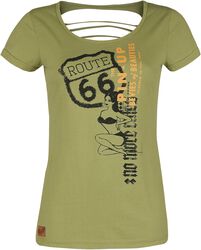 Rock Rebel X Route 66 - Olivfarbenes T-Shirt mit Pin-Up Print und Cut-Outs