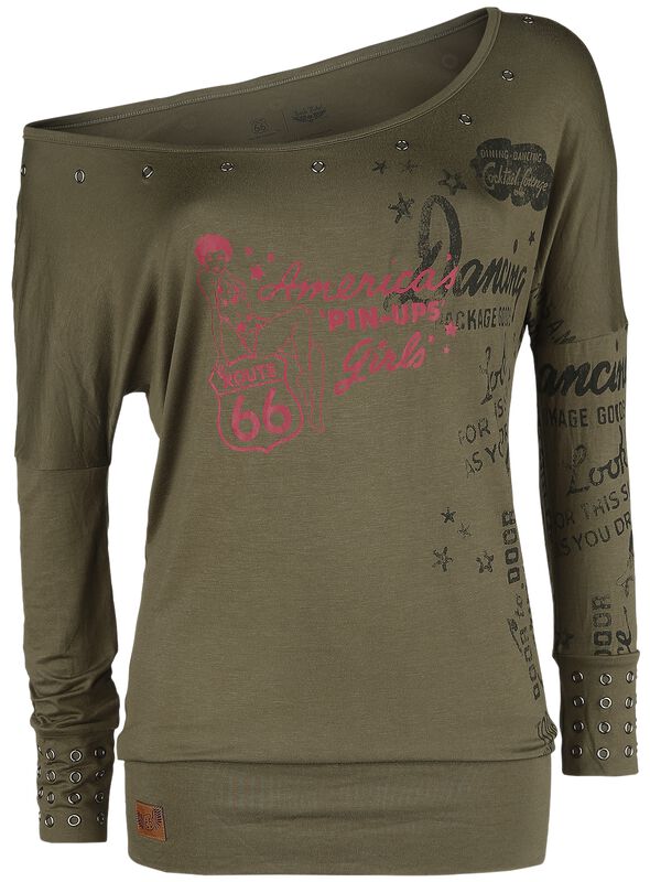 Rock Rebel X Route 66 - Grünes Langarmshirt mit Pin-Up Print und Ösen