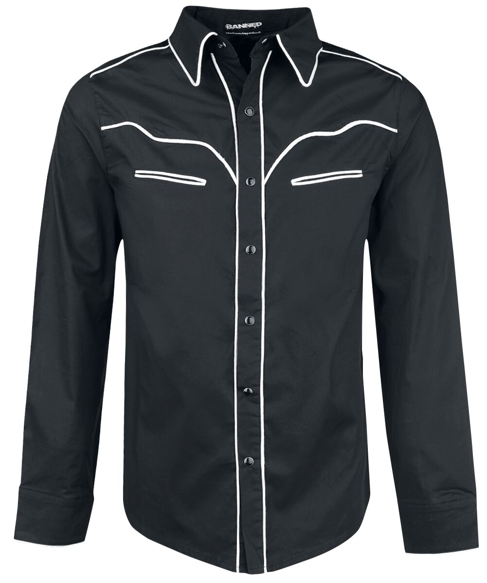 Banned Alternative - Rockabilly Langarmhemd - Plain Trim - 3XL - für Männer - Größe 3XL - schwarz/weiß