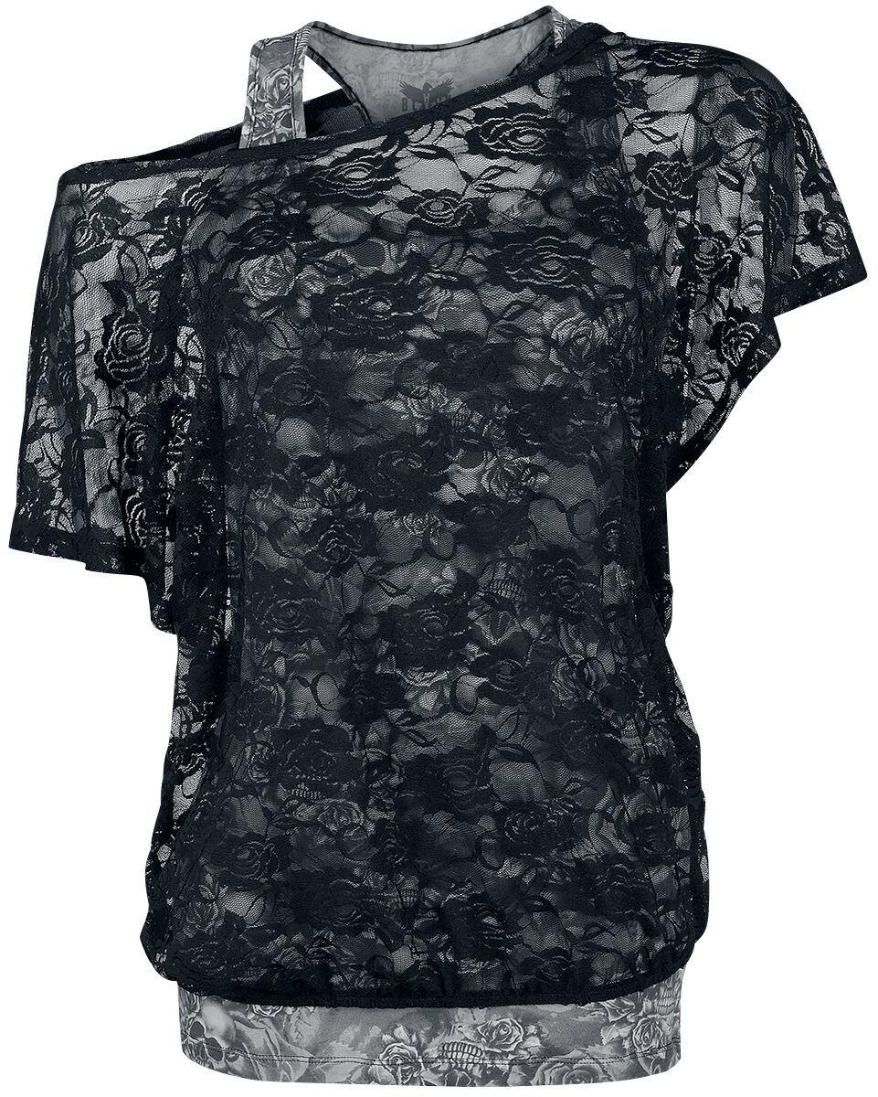 Black Premium by EMP T-Shirt - graues Top mit schwarzem Spitzen-Shirt - S bis 5XL - für Damen - Größe XXL - schwarz/grau