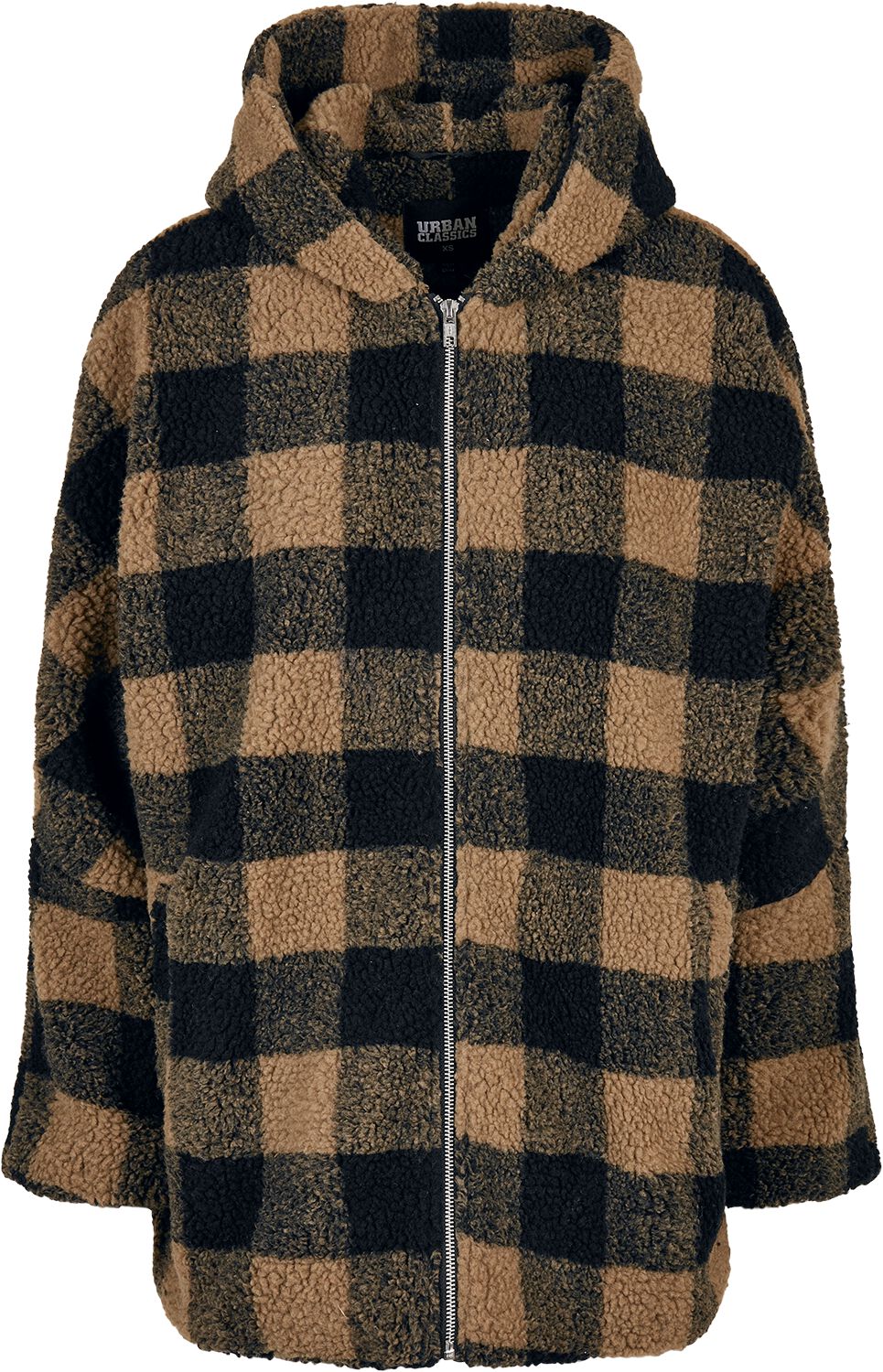 Urban Classics Übergangsjacke - Ladies Hooded Oversized Check Sherpa Jacket - XS bis S - für Damen - Größe XS - braun